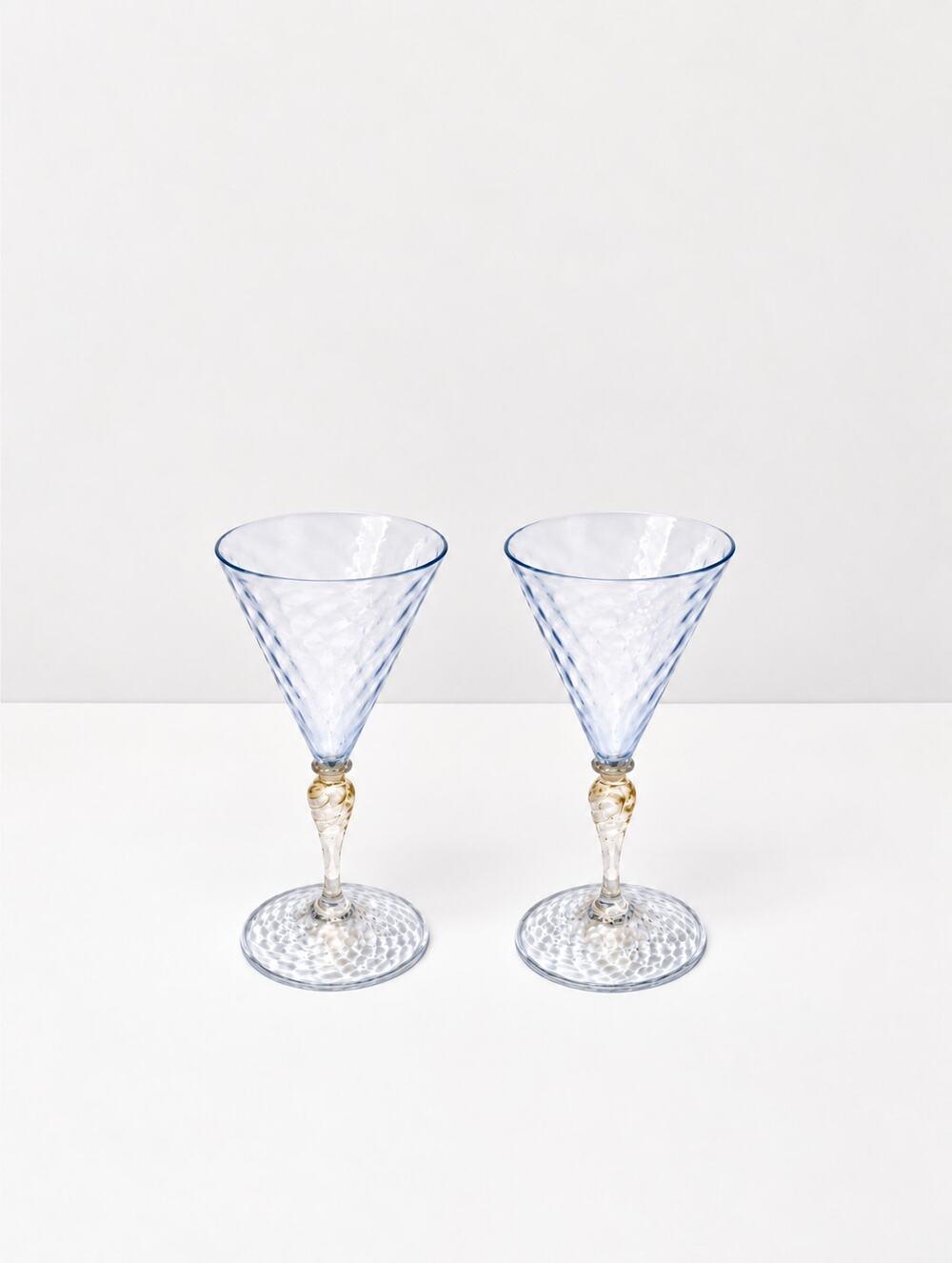 Set 2 Venetian Murano Ice Blue Wine Goblet Gold Aventurine Twist Stem Hand Blown
